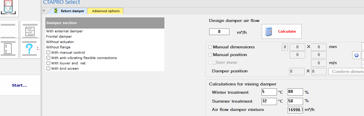 Damper configuration panel — parameters and dimensions